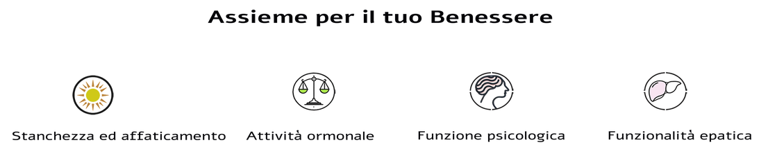 Immagine illustrativa con quattro icone che rappresentano i benefici per il benessere generale: stanchezza ed affaticamento, attività ormonale, funzione psicologica e funzionalità epatica, con il testo "Assieme per il tuo Benessere.