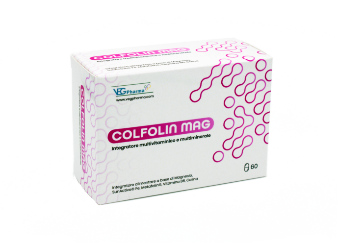 Immagine della confezione di Colfolin Mag, un integratore multivitaminico e multiminerale a base di Magnesio, SunActive® Fe, Metafolin®, Vitamina B6 e Colina, prodotto da VegPharma.