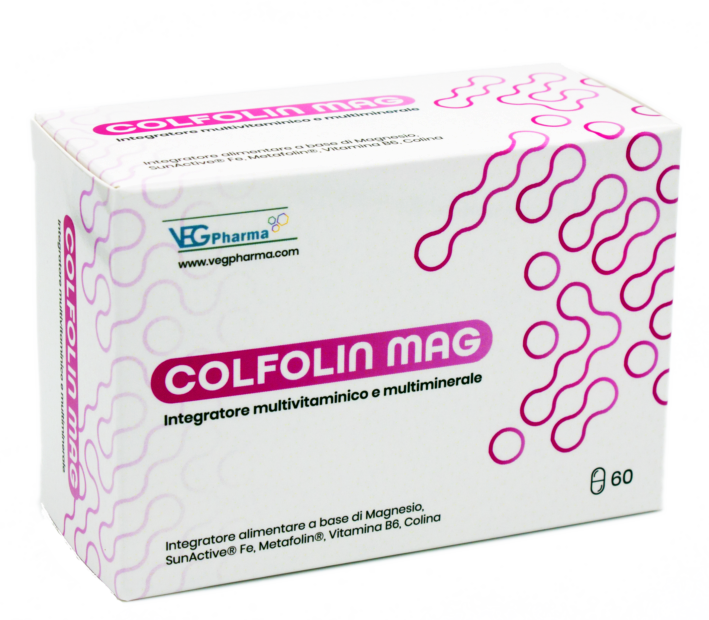 Immagine della confezione di Colfolin Mag, un integratore multivitaminico e multiminerale a base di Magnesio, SunActive® Fe, Metafolin®, Vitamina B6 e Colina, prodotto da VegPharma.