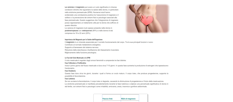 Immagine di una donna che tiene un cuore rosa davanti al ventre, con un testo che illustra l'importanza del magnesio per alleviare i sintomi della sindrome premestruale e della menopausa, oltre al suo contributo per la salute generale del corpo.